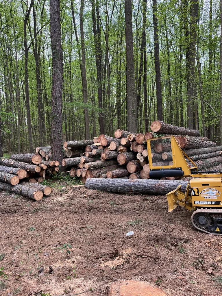 Fonvilletreeservice yellow Rayco stump grinder positioned beside large stacked pine log pile in cleared forest area NC
