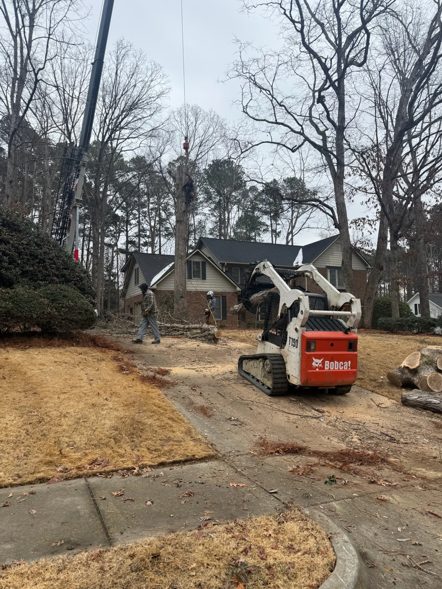 Fonvilletreeservice crew performing crane-assisted tree removal with Bobcat T190 loader at residential property in NC